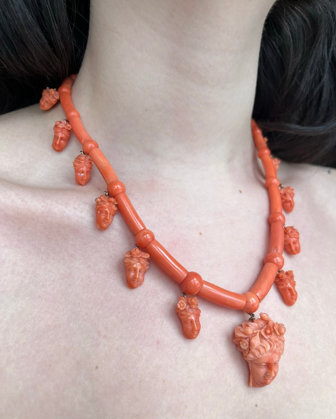 Antique 15K & Carved Coral Goddess Flora Necklace