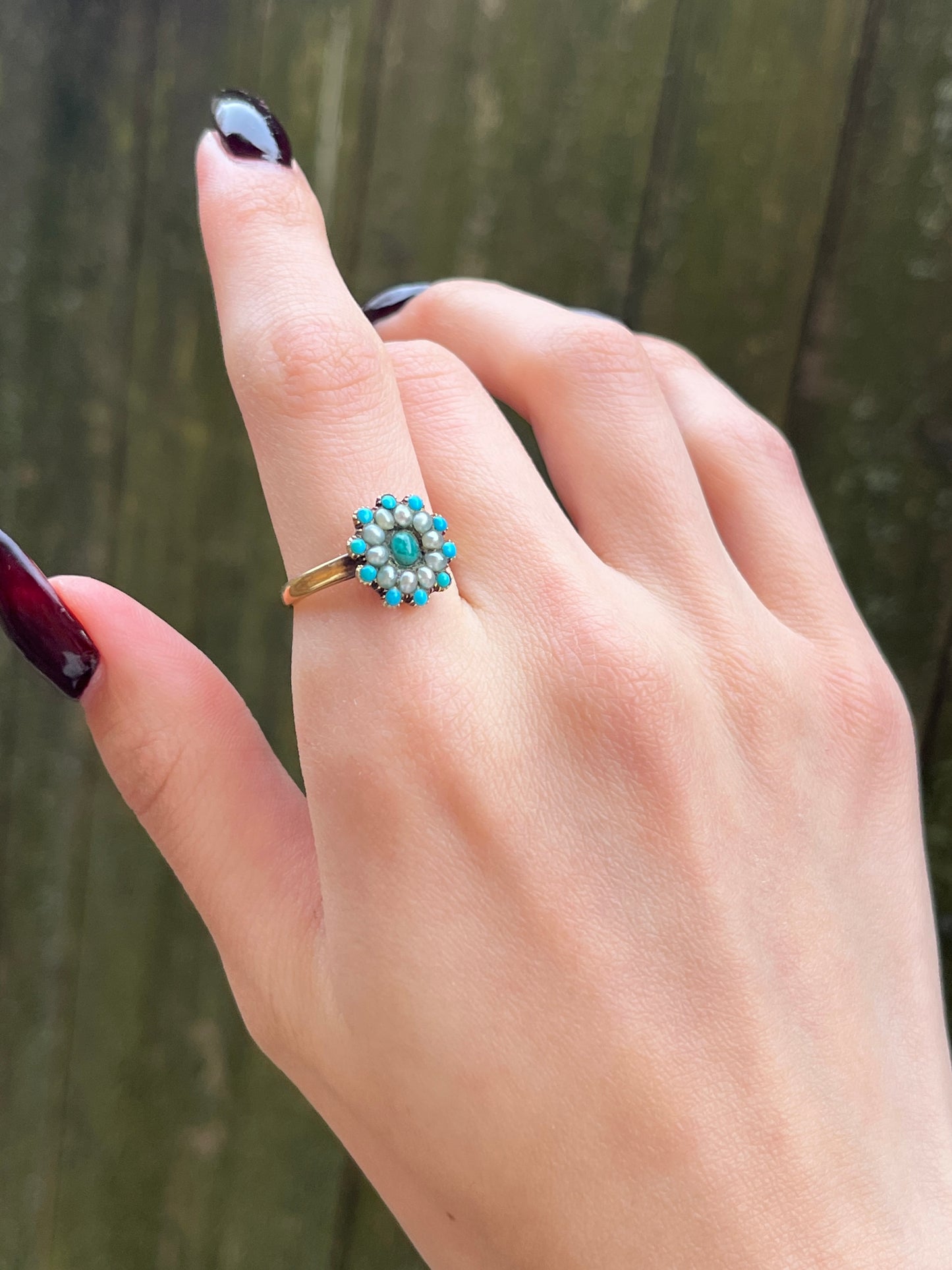 Antique 18K, Persian Turquoise & Seed Pearl Flower Ring