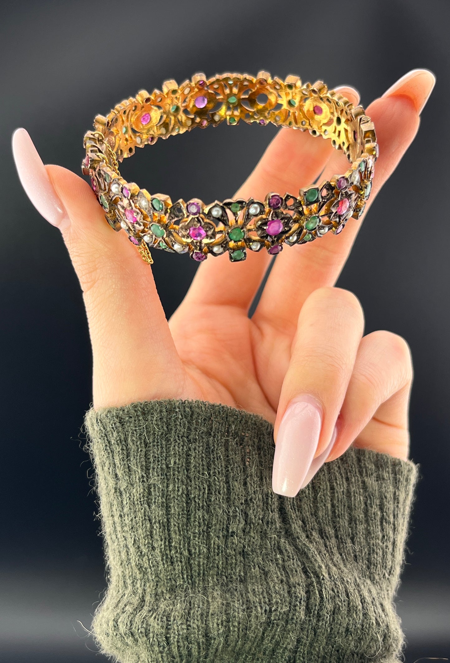 Antique Gilt Silver Ruby, Emerald & Pearl Bracelet