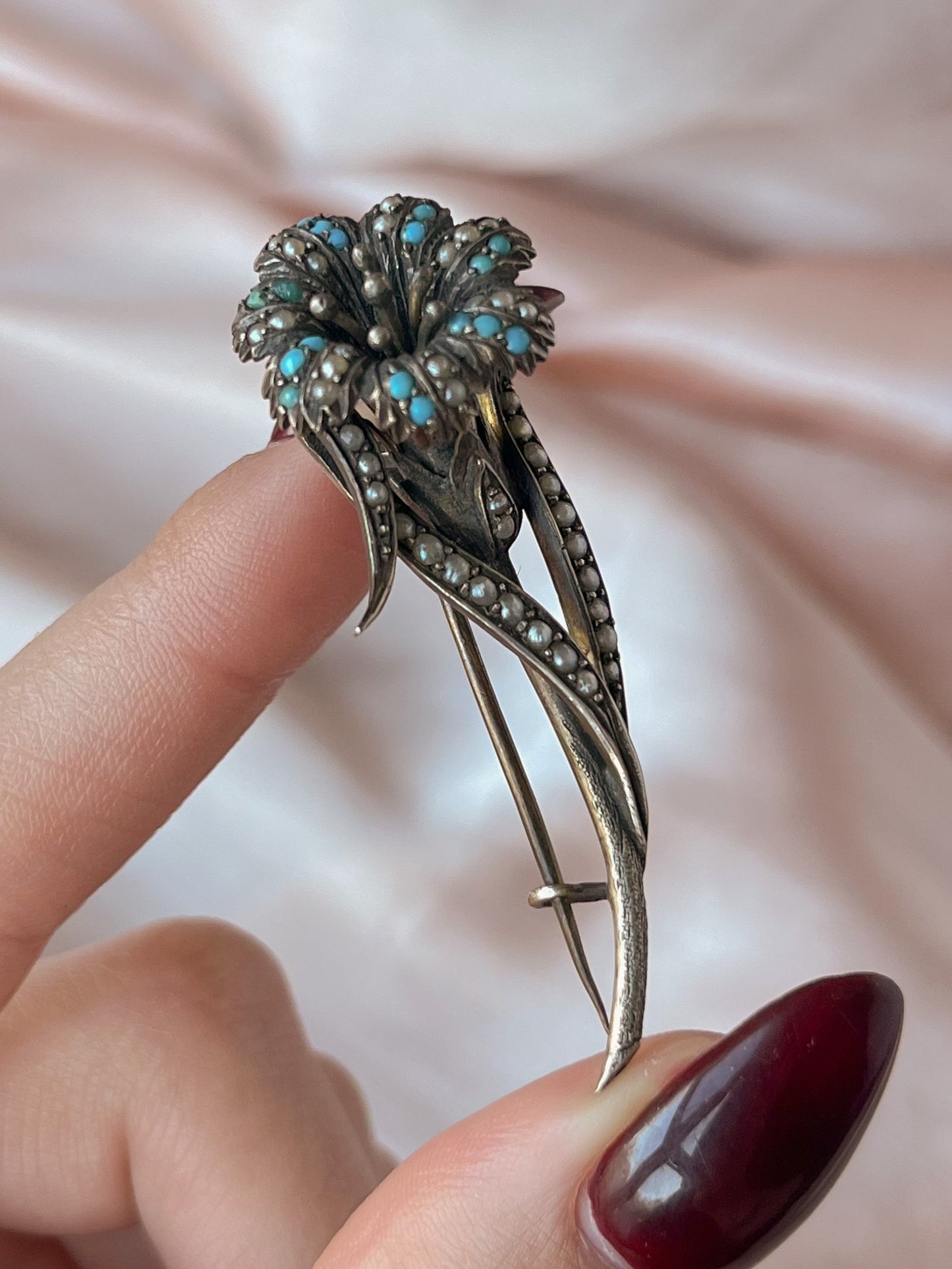 SOLD Antique Sterling Silver, Turquoise & Seed pearl Lily Brooch