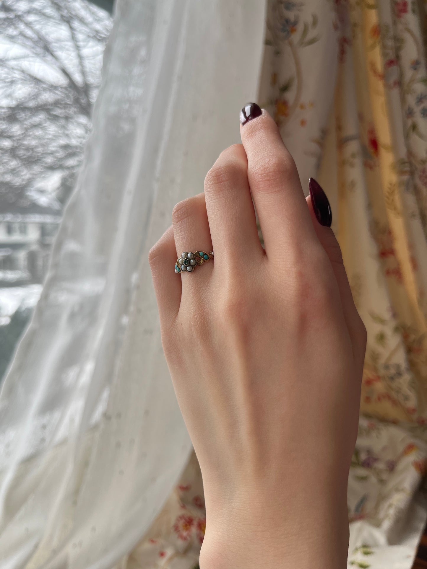 Antique 9K, Emerald, Turquoise & Seed Pearl Forget Me Not Ring