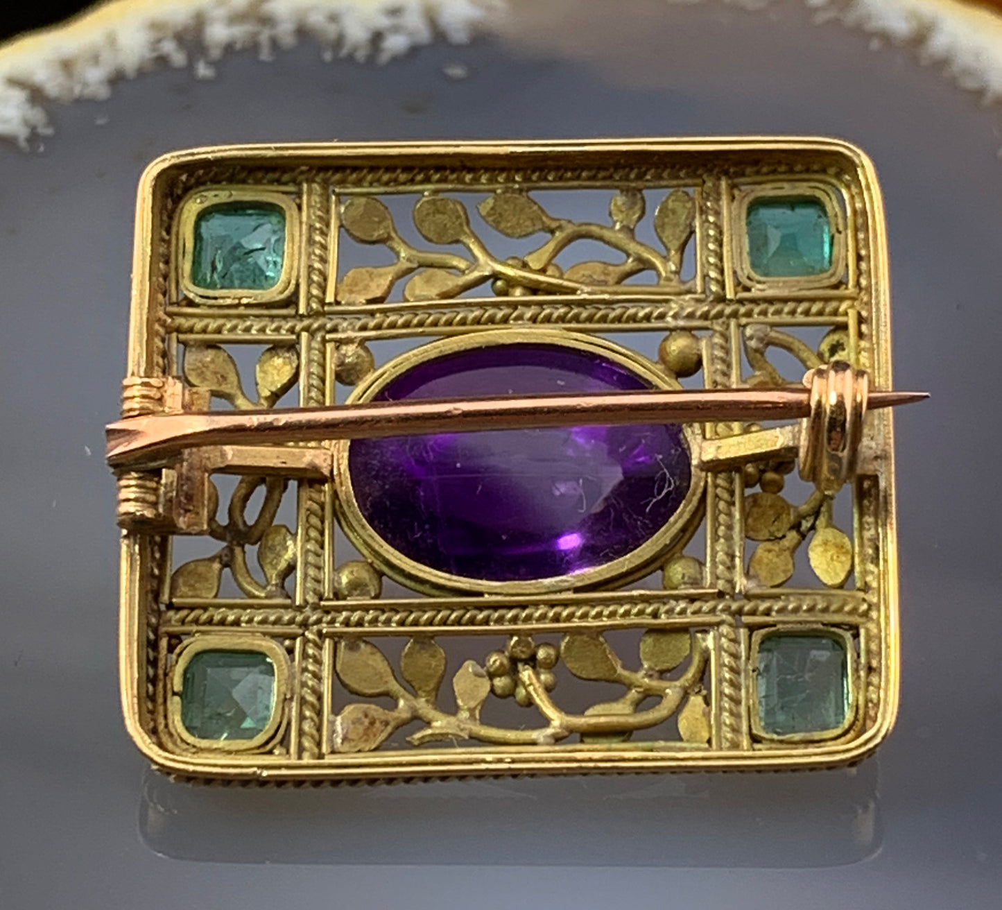Antique English Arts & Crafts 15K, Amethyst & Emerald Brooch