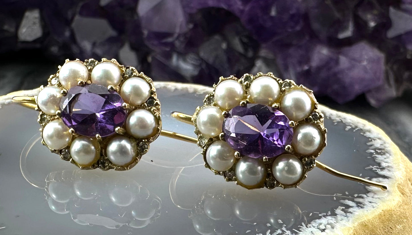Antique 14K, Amethyst & Pearl Earrings