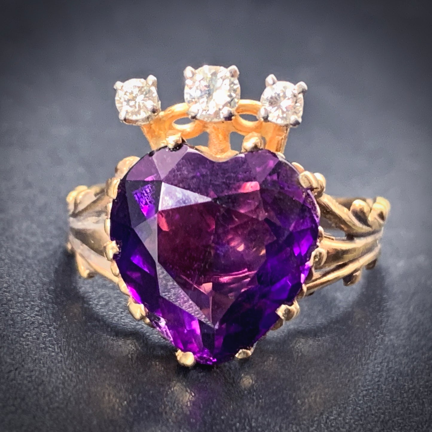 Antique 14K, Diamond & Amethyst Heart Conversion Ring