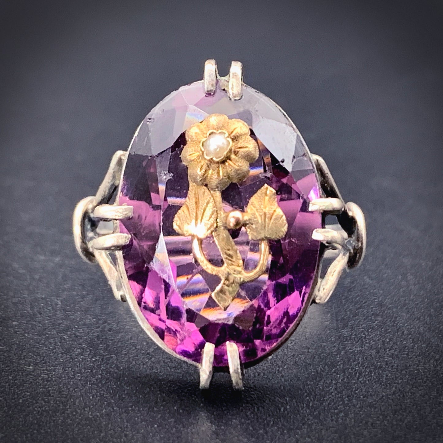 Antique Silver, Gold, Amethyst & Seed Pearl Floral Ring