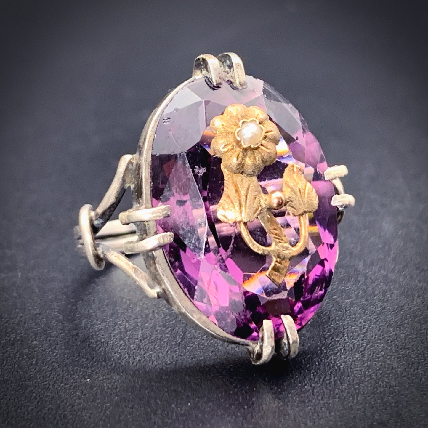 Antique Silver, Gold, Amethyst & Seed Pearl Floral Ring