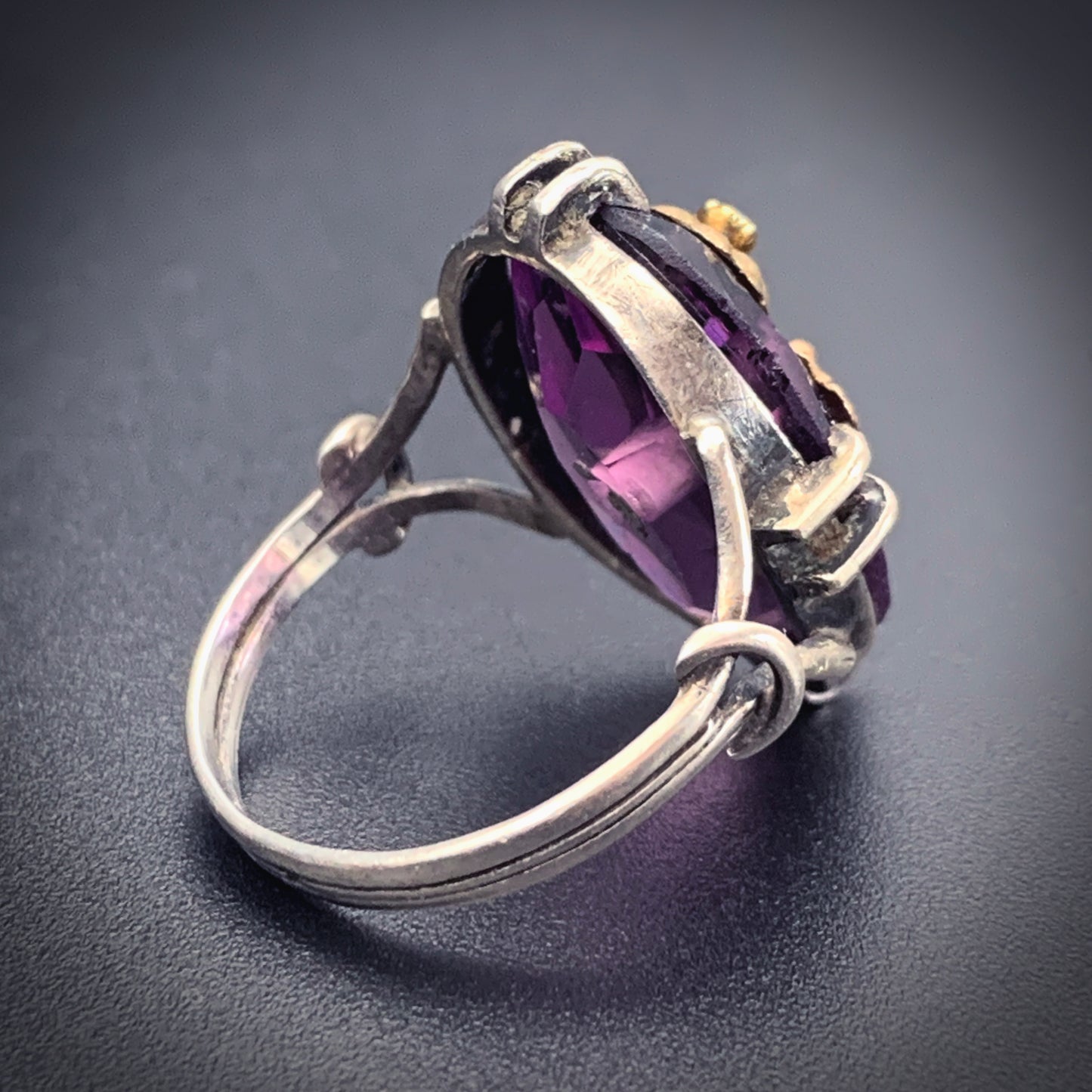 Antique Silver, Gold, Amethyst & Seed Pearl Floral Ring