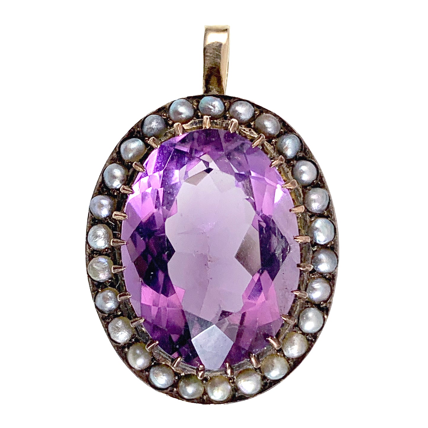 Antique 9K, Amethyst & Seed Pearl Pendant