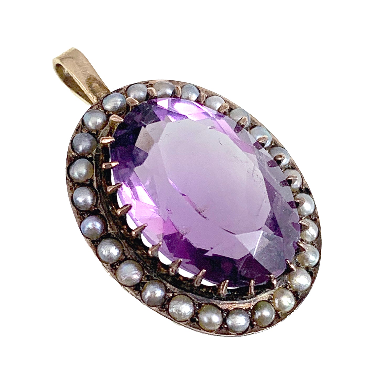 Antique 9K, Amethyst & Seed Pearl Pendant