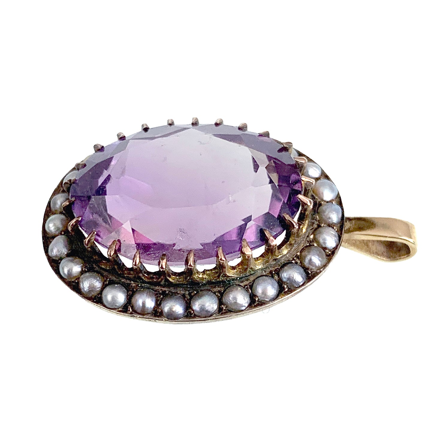 Antique 9K, Amethyst & Seed Pearl Pendant