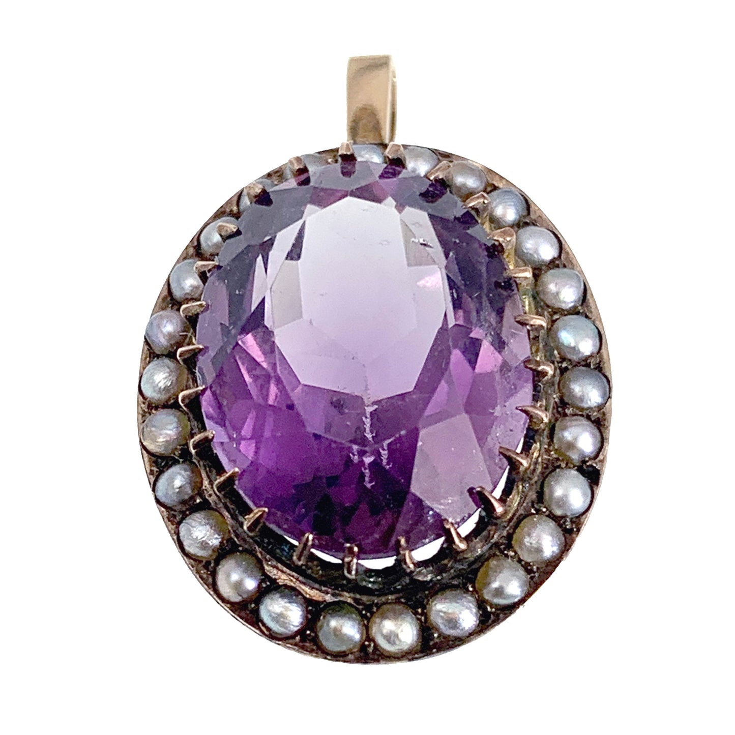 Antique 9K, Amethyst & Seed Pearl Pendant