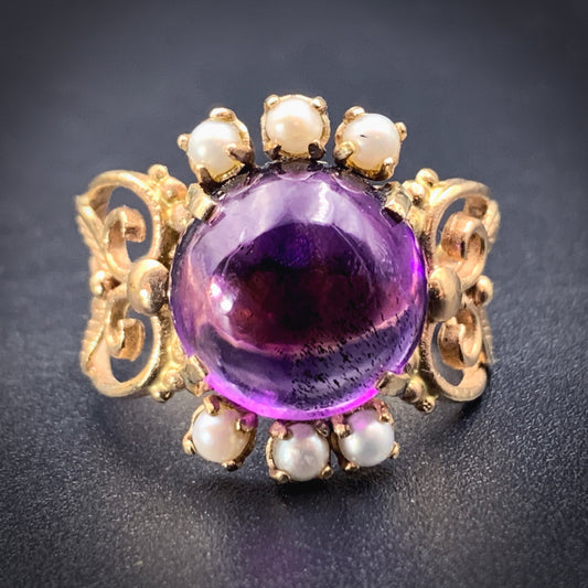 SOLD Estate 14K, Amethyst & Seed Pearl Ring