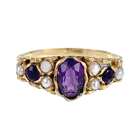 SOLD Vintage Victorian Revival 9K, Amethyst & Pearl Ring