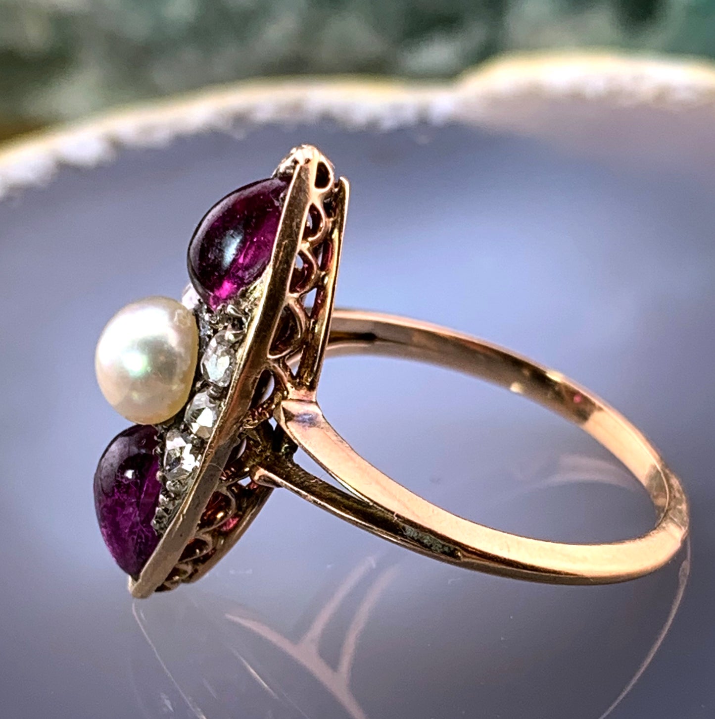 Antique French 18K, Diamond, Amethyst & Pearl Navette Ring