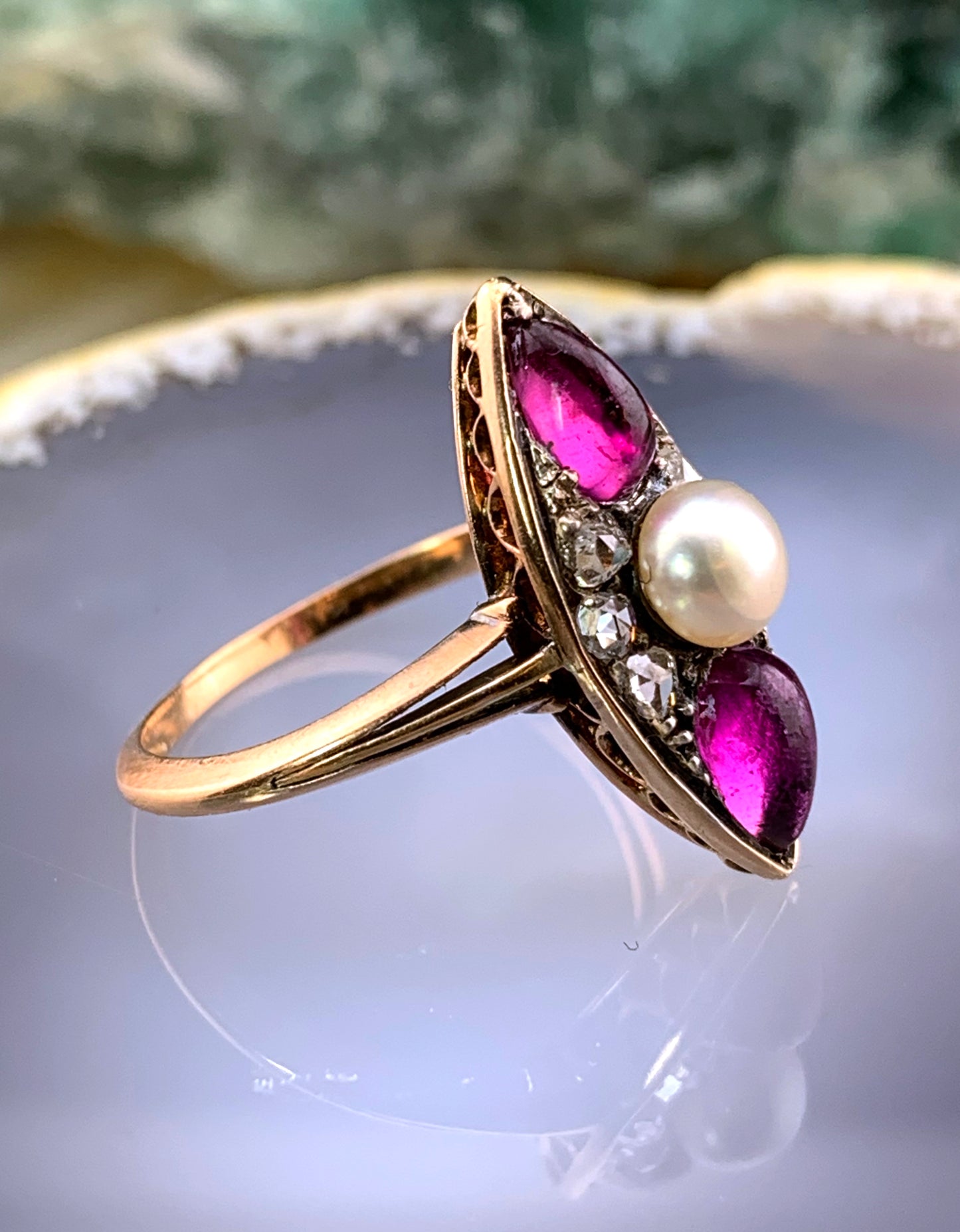 Antique French 18K, Diamond, Amethyst & Pearl Navette Ring