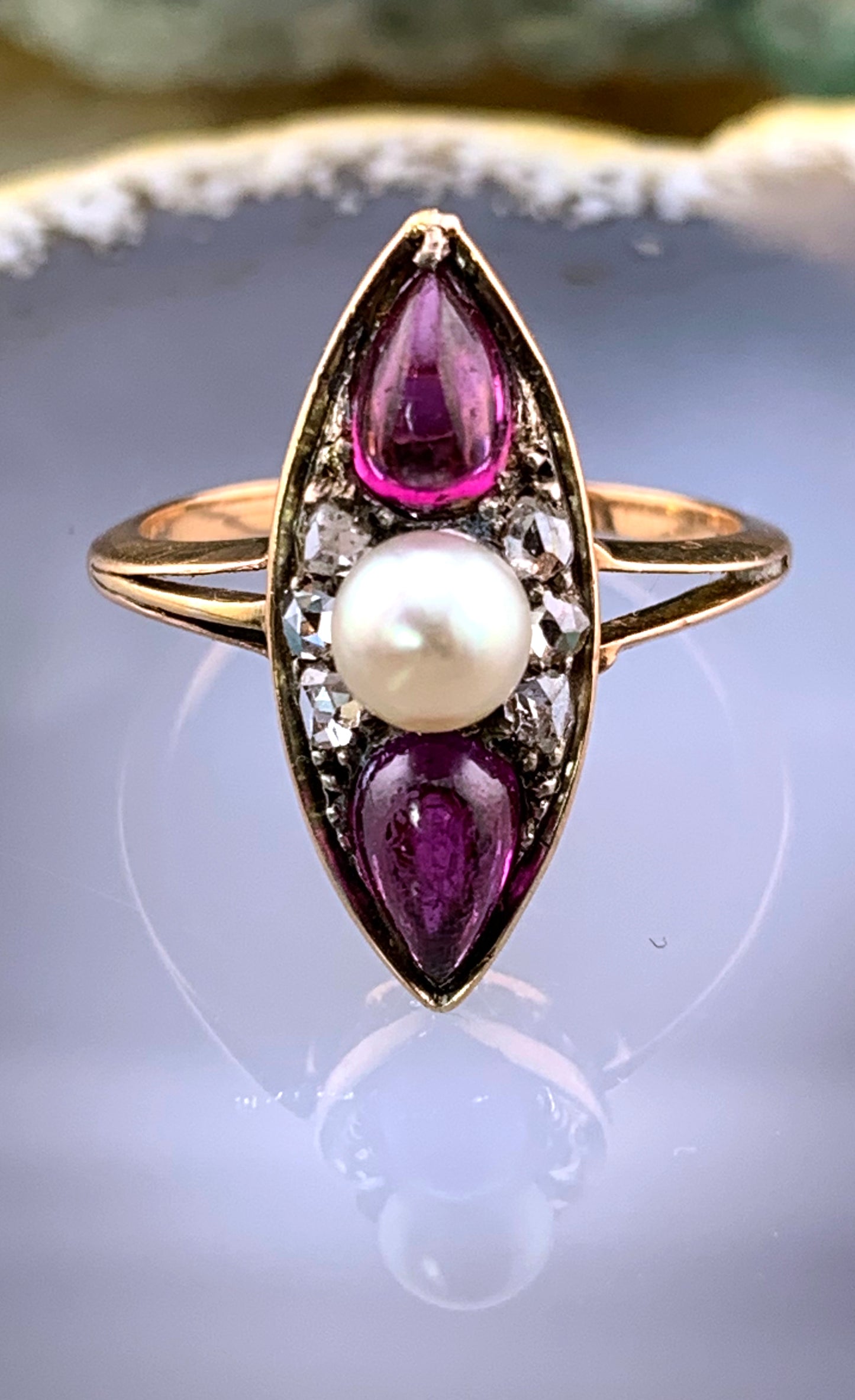 Antique French 18K, Diamond, Amethyst & Pearl Navette Ring