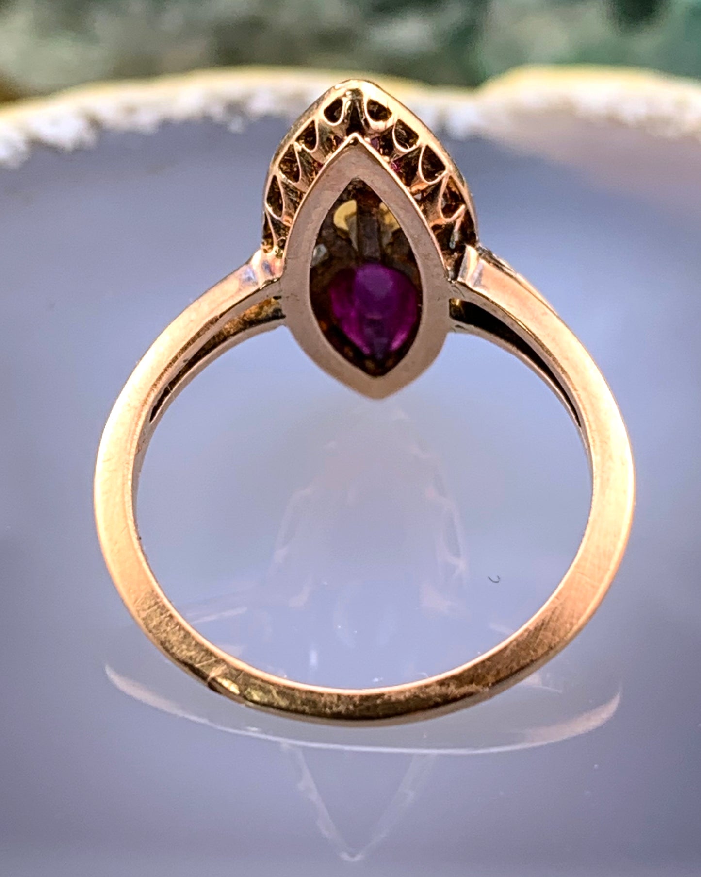 Antique French 18K, Diamond, Amethyst & Pearl Navette Ring