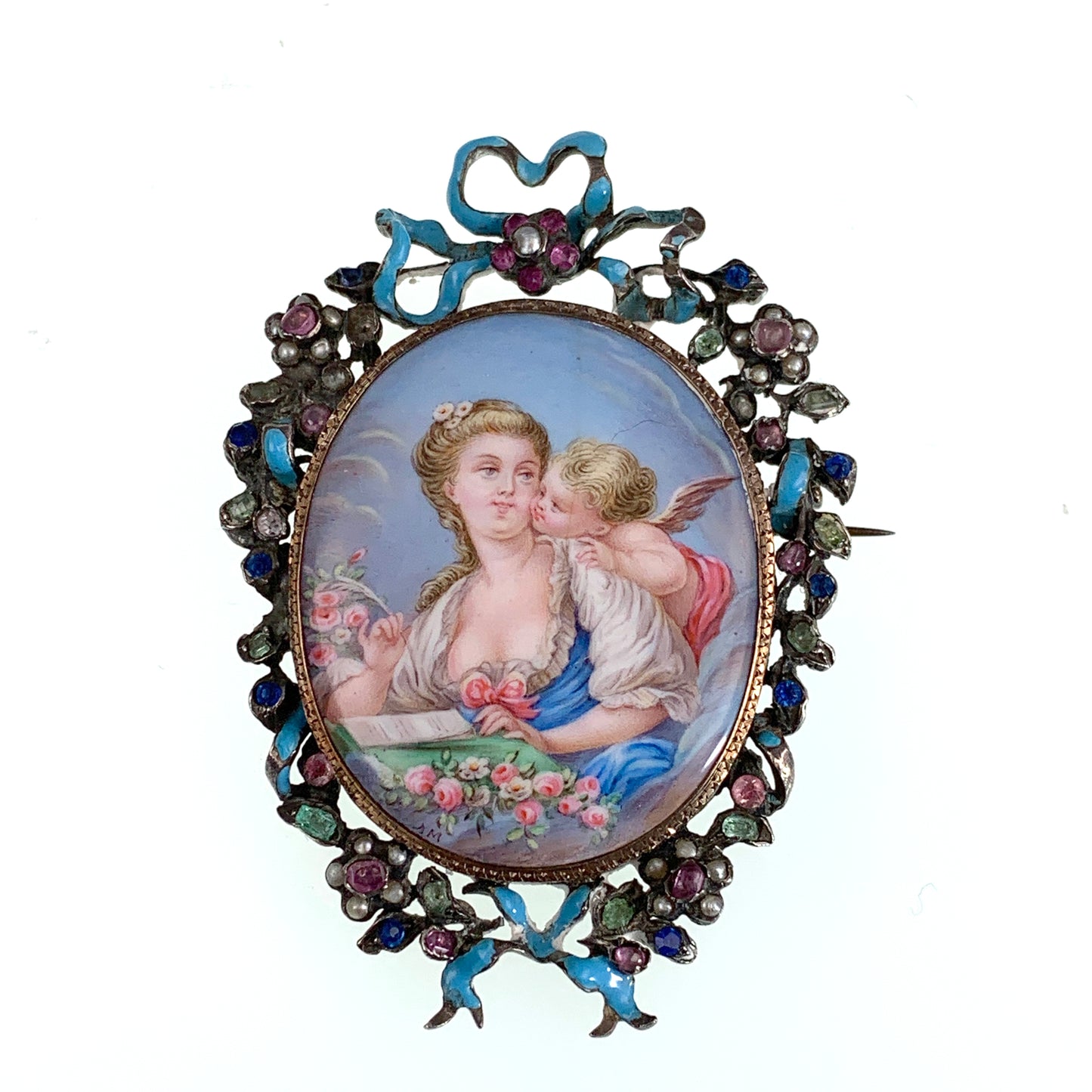Antique 18K, Silver, Ruby, Tourmaline, Topaz, Paste, Pearl & Hand Painted Enamel Brooch