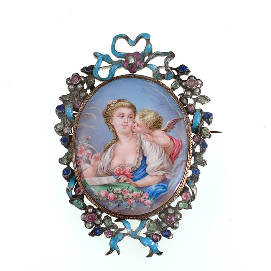 SOLD Antique 18K, Silver, Ruby, Tourmaline, Topaz, Paste, Pearl & Hand Painted Enamel Brooch