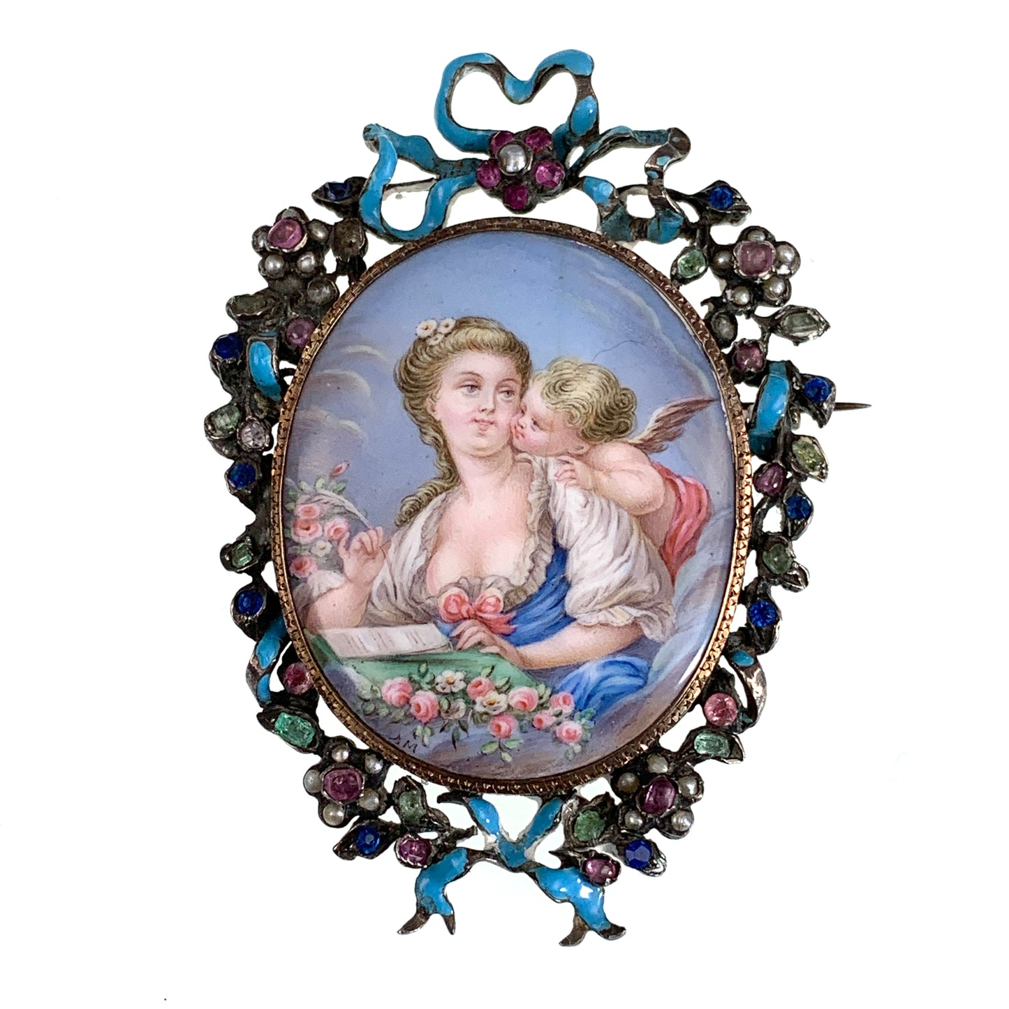 Antique 18K, Silver, Ruby, Tourmaline, Topaz, Paste, Pearl & Hand Painted Enamel Brooch