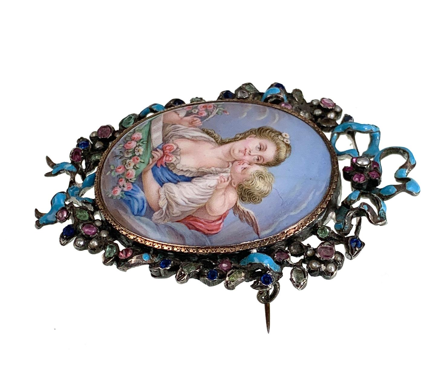 Antique 18K, Silver, Ruby, Tourmaline, Topaz, Paste, Pearl & Hand Painted Enamel Brooch