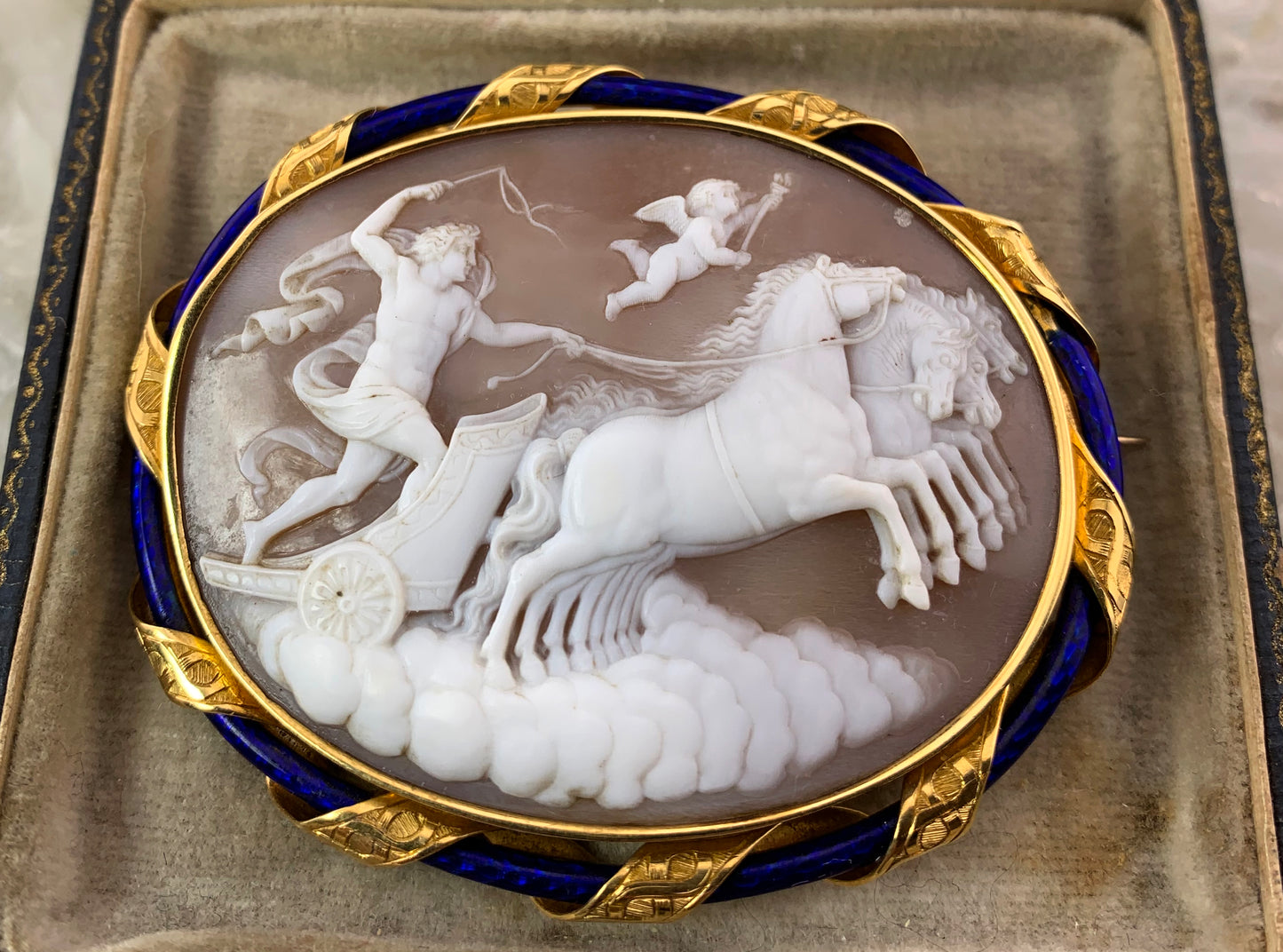 Antique English 18K, Enamel & Apollo Cameo Brooch W/Original Box