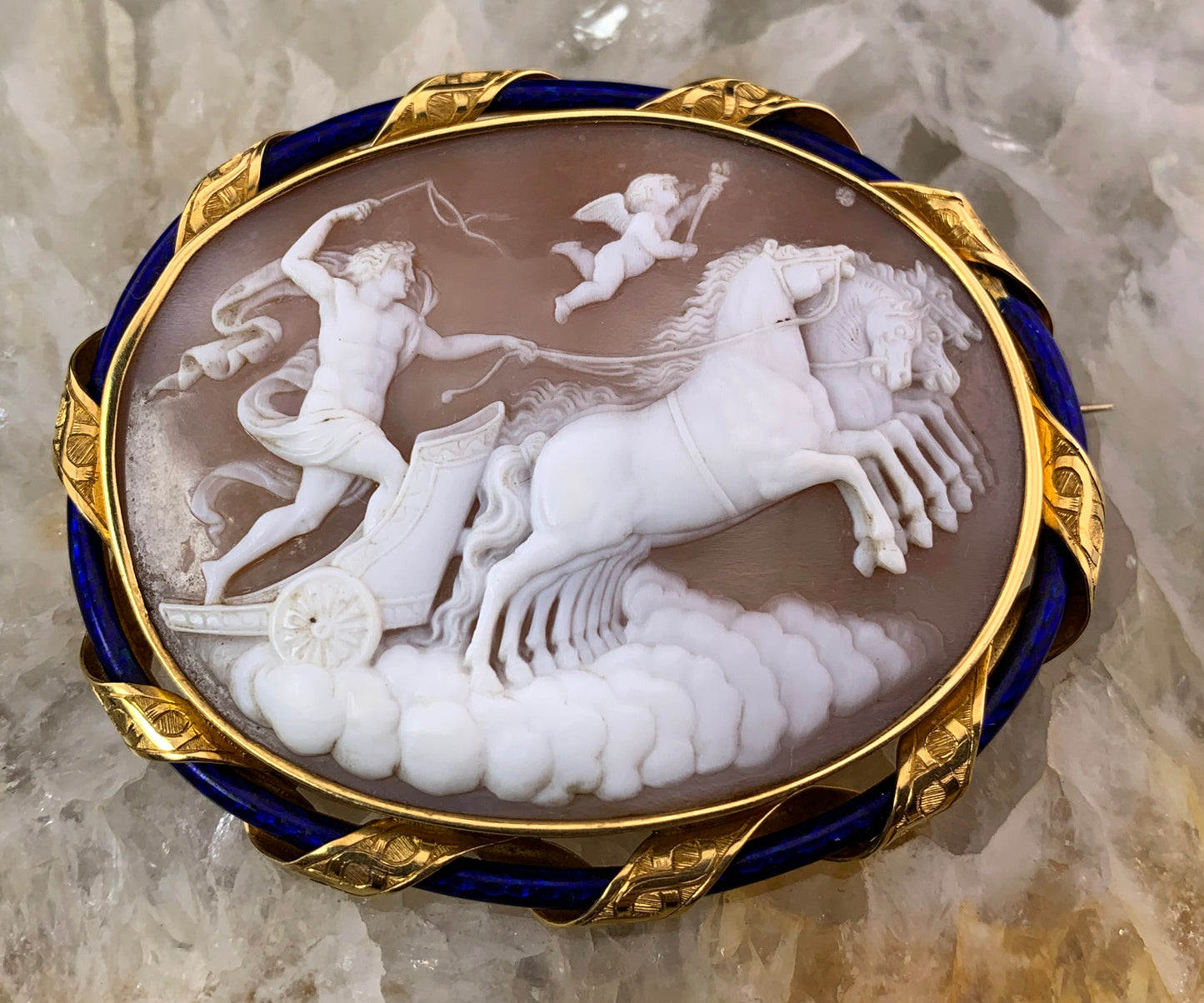 Antique English 18K, Enamel & Apollo Cameo Brooch W/Original Box