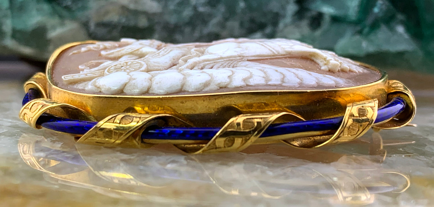 Antique English 18K, Enamel & Apollo Cameo Brooch W/Original Box