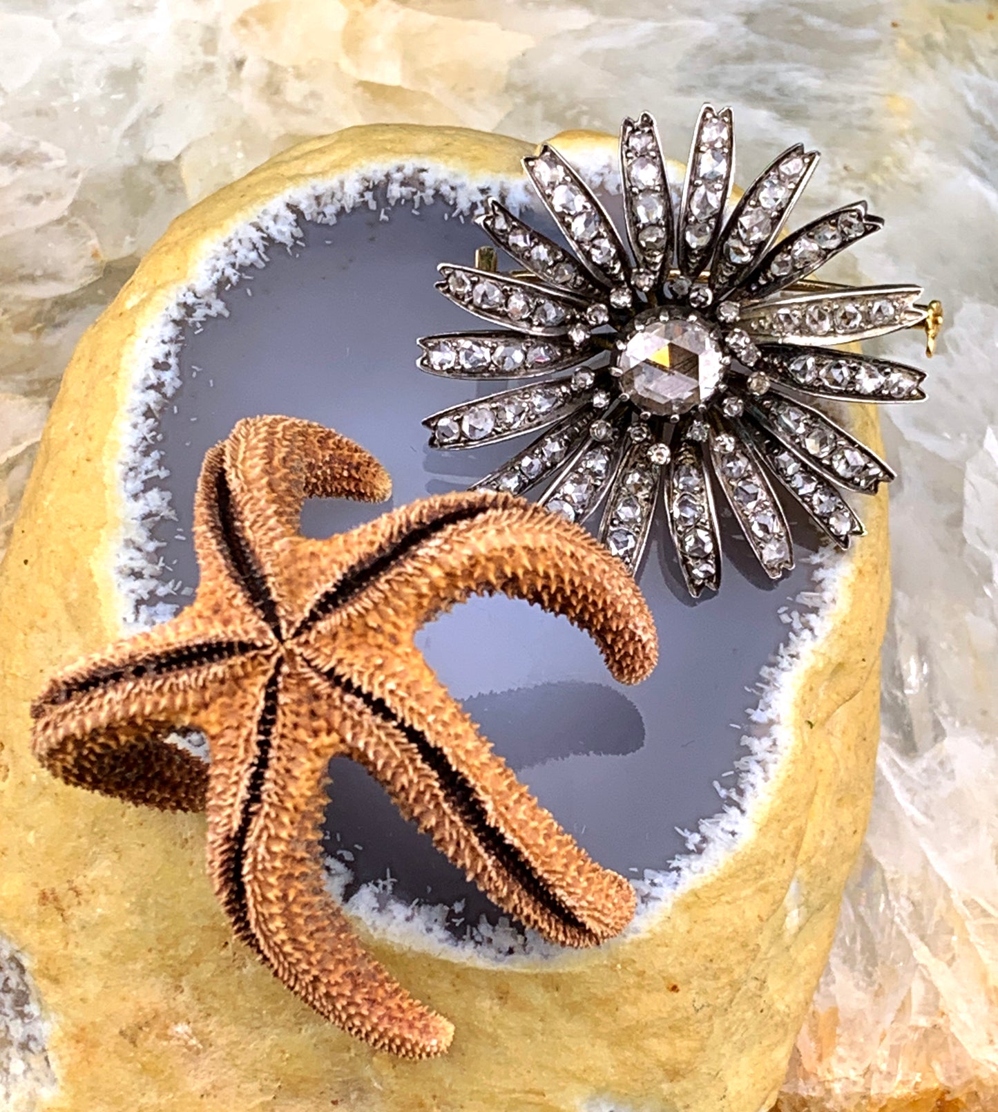 SOLD Antique French 18K, Silver & Diamond Daisy Brooch