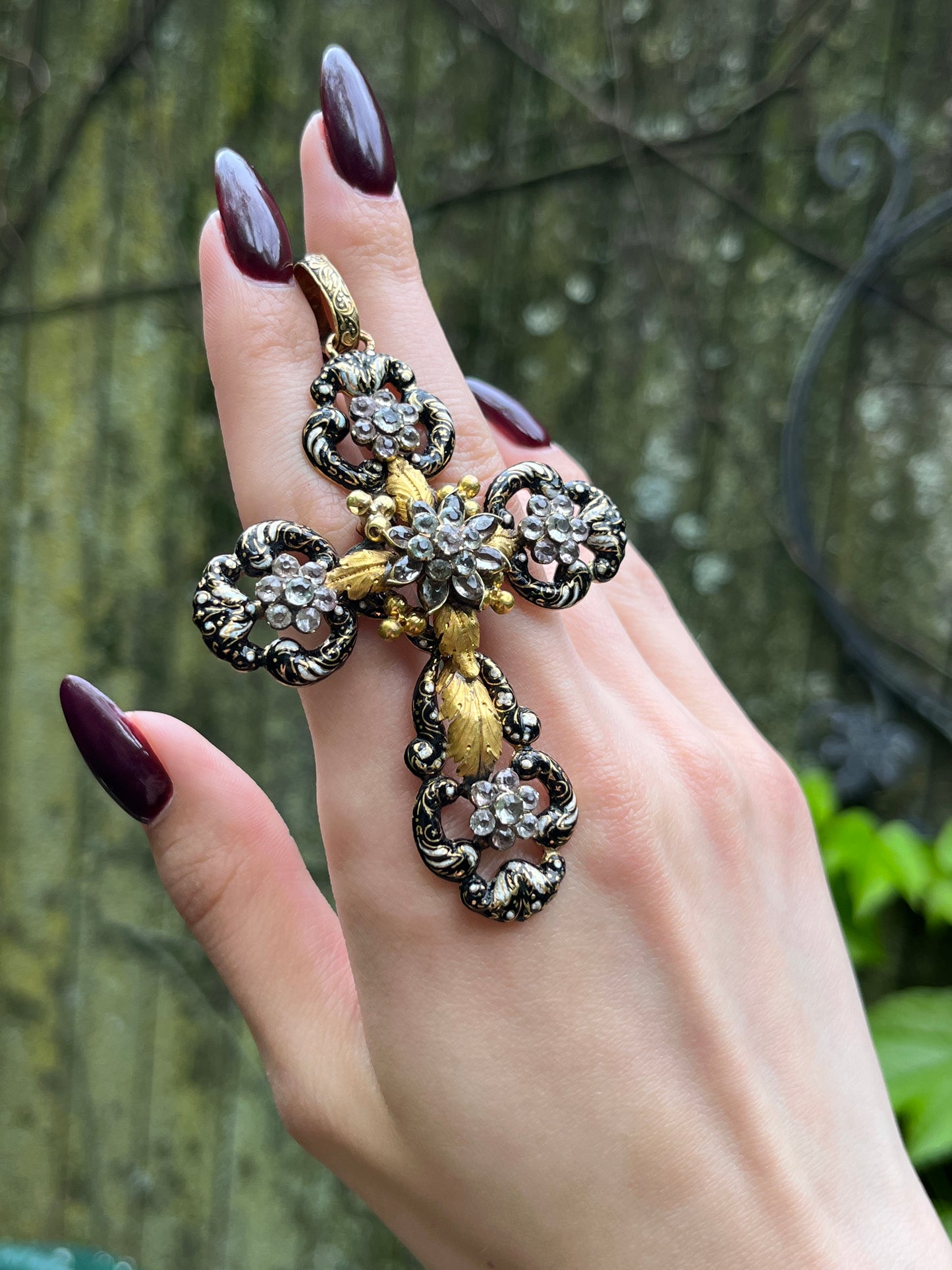 Antique French 18K, Paste Diamond, Topaz, Amethyst & Enamel Cross Pendant