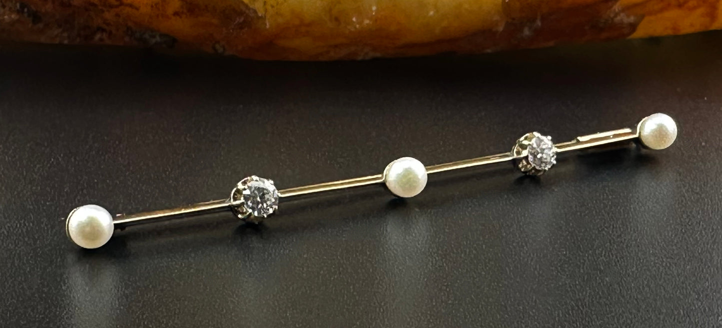 Antique French 18K, Diamond & Pearl Bar Pin/Brooch