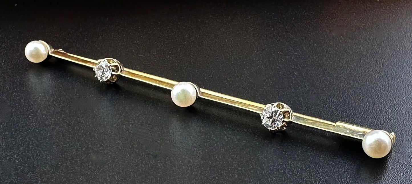 Antique French 18K, Diamond & Pearl Bar Pin/Brooch