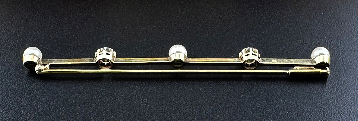 Antique French 18K, Diamond & Pearl Bar Pin/Brooch