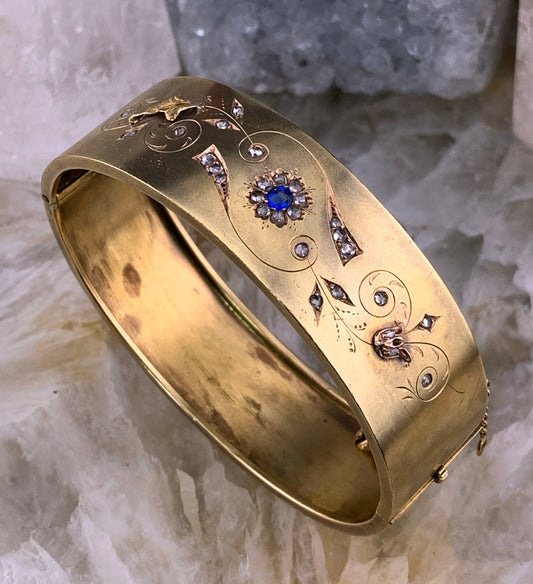 SOLD Antique 14K, Diamond & Sapphire Bangle Bracelet