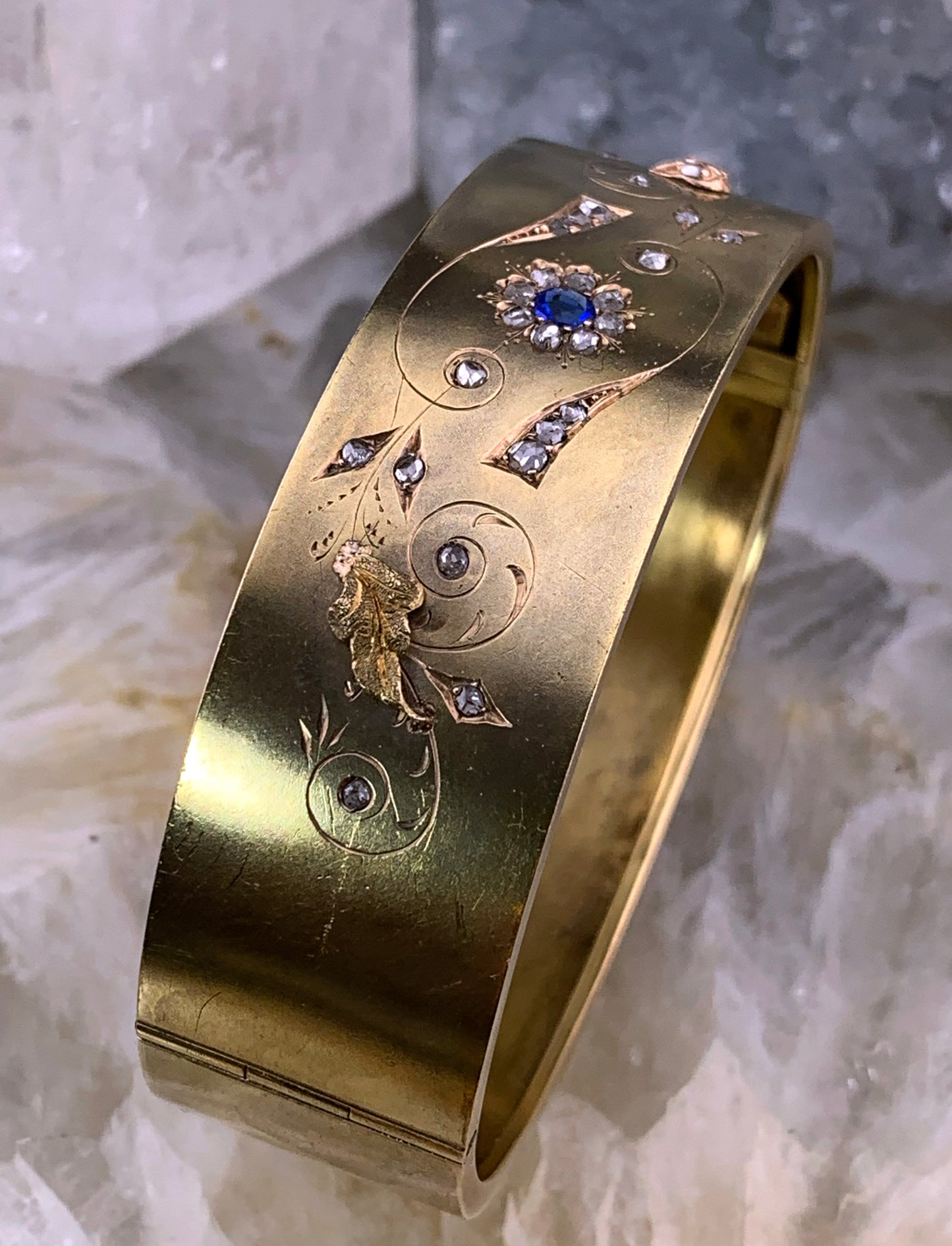 Antique 14K, Diamond & Sapphire Bangle Bracelet