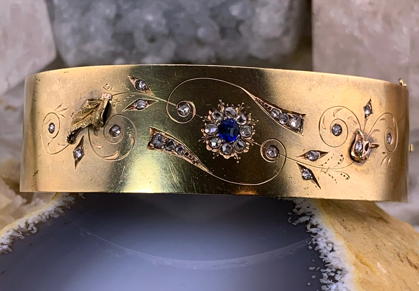 Antique 14K, Diamond & Sapphire Bangle Bracelet