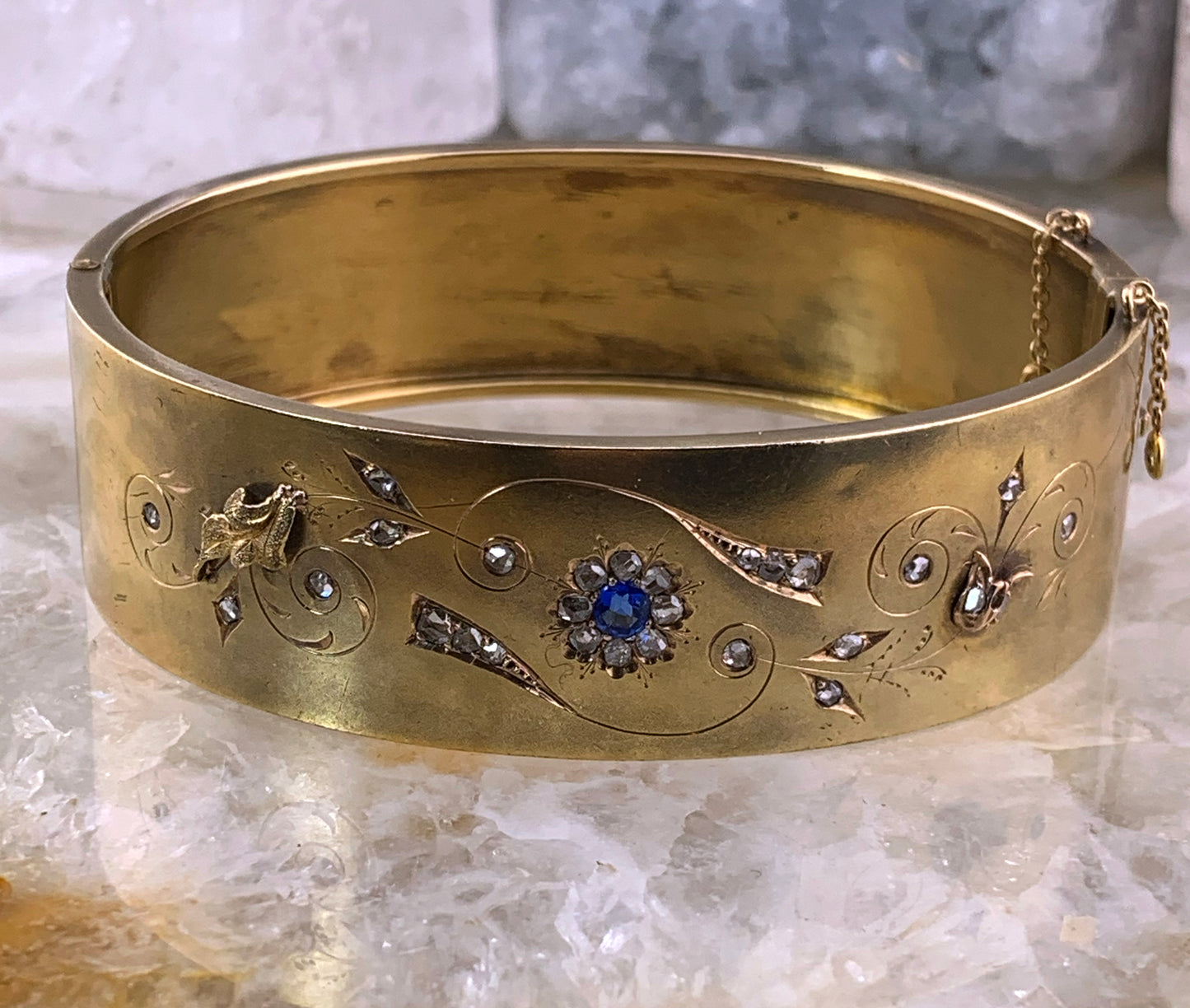 Antique 14K, Diamond & Sapphire Bangle Bracelet