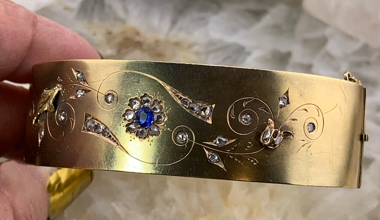 Antique 14K, Diamond & Sapphire Bangle Bracelet