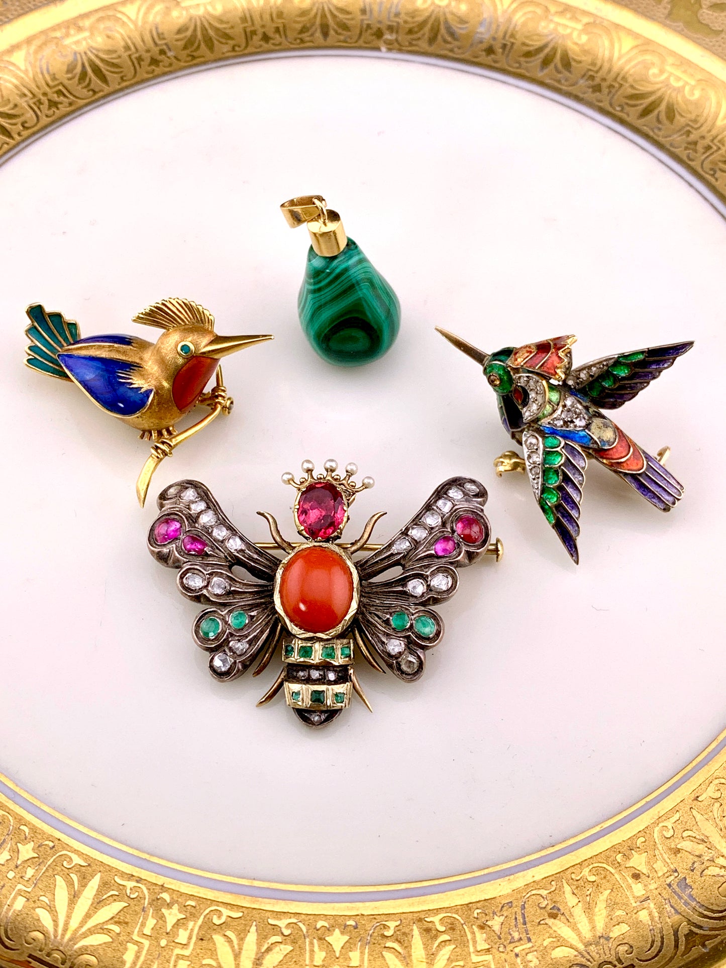 Antique 18K, Silver, Diamond & Enamel Kingfisher Bird Brooch