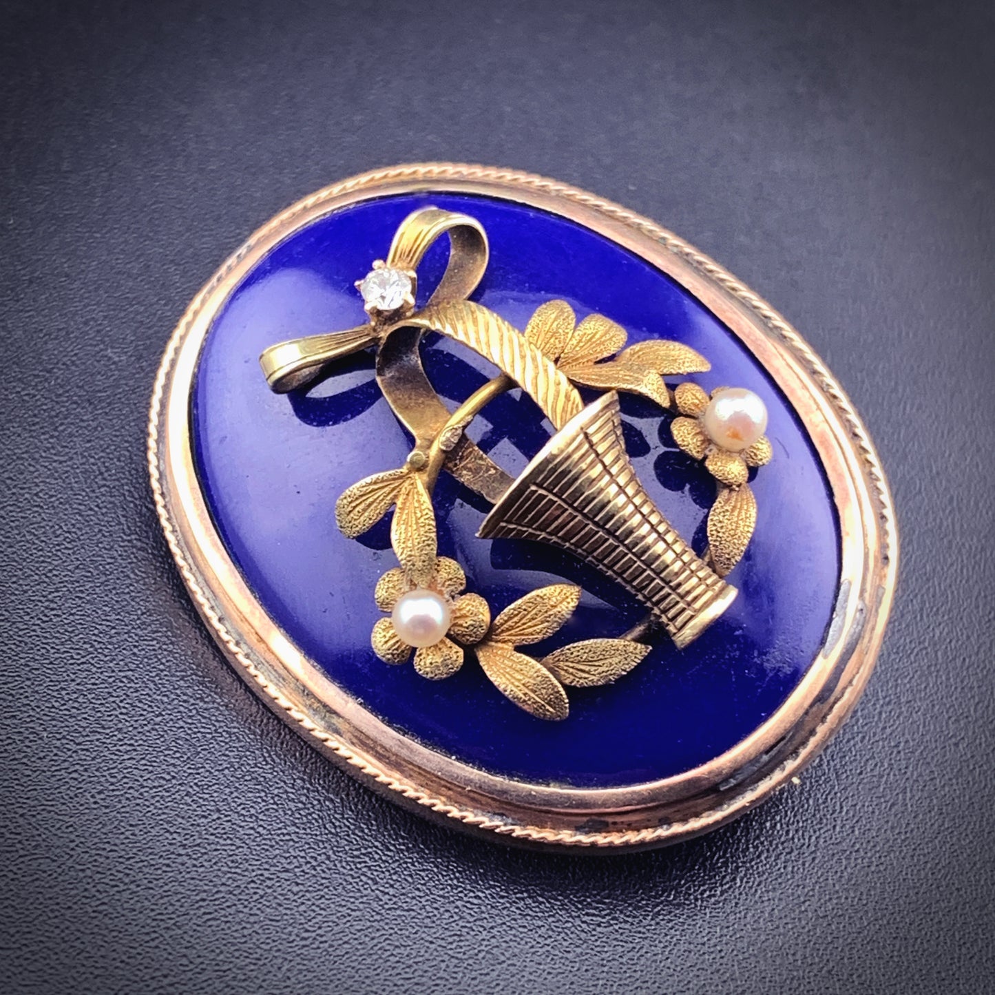 Antique 14K, Diamond, Pearl & Enamel Floral Brooch