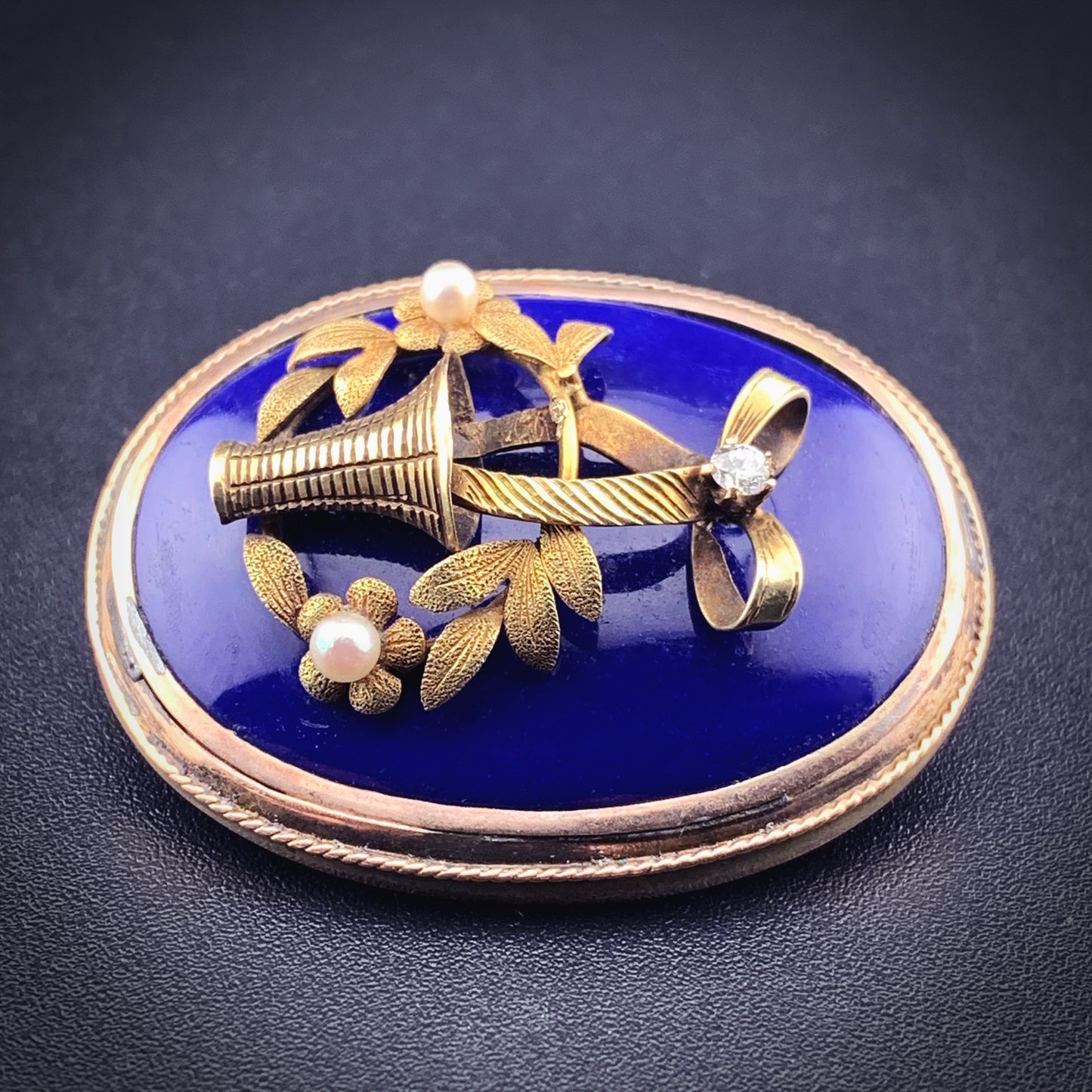 Antique 14K, Diamond, Pearl & Enamel Floral Brooch