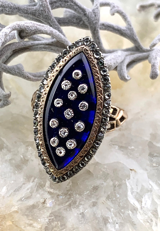 SOLD Antique French 18K, Sterling, Diamond & Cobalt Glass Navette Ring