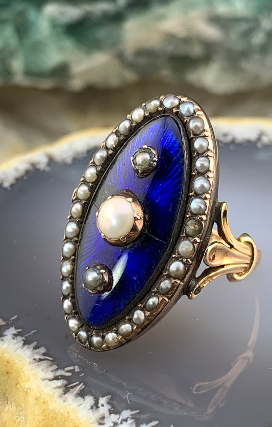 SOLD Antique French 18K, Pearl & Cobalt Glass Navette Ring