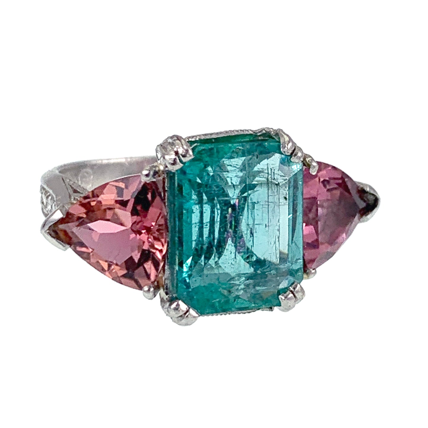SOLD Vintage Deco Platinum, Emerald, Diamond & Tourmaline Ring
