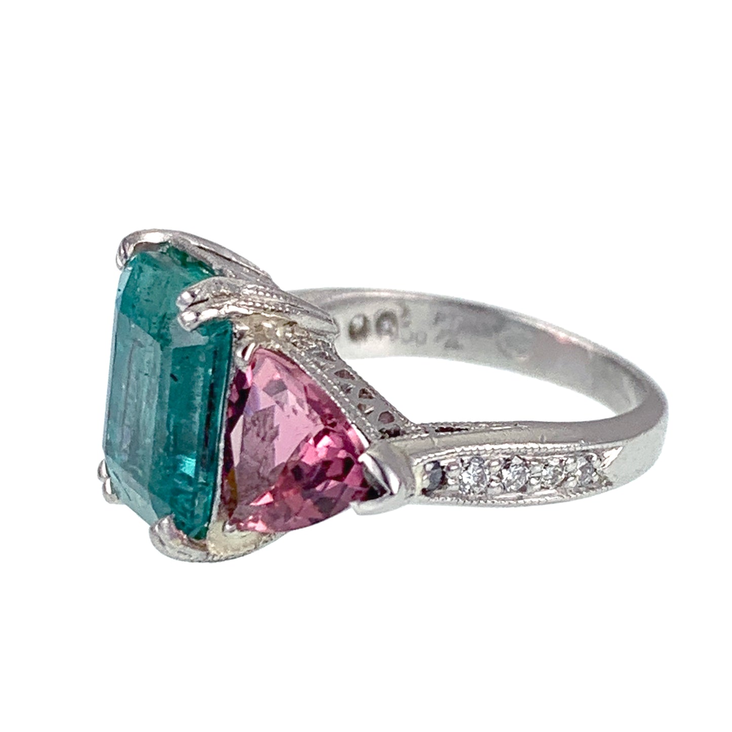 SOLD Vintage Deco Platinum, Emerald, Diamond & Tourmaline Ring