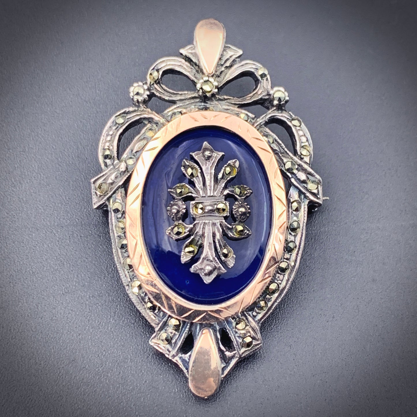Antique 14K, Silver, Enamel & Marcasite Brooch