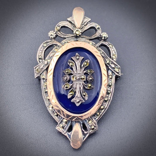 Antique 14K, Silver, Enamel & Marcasite Brooch