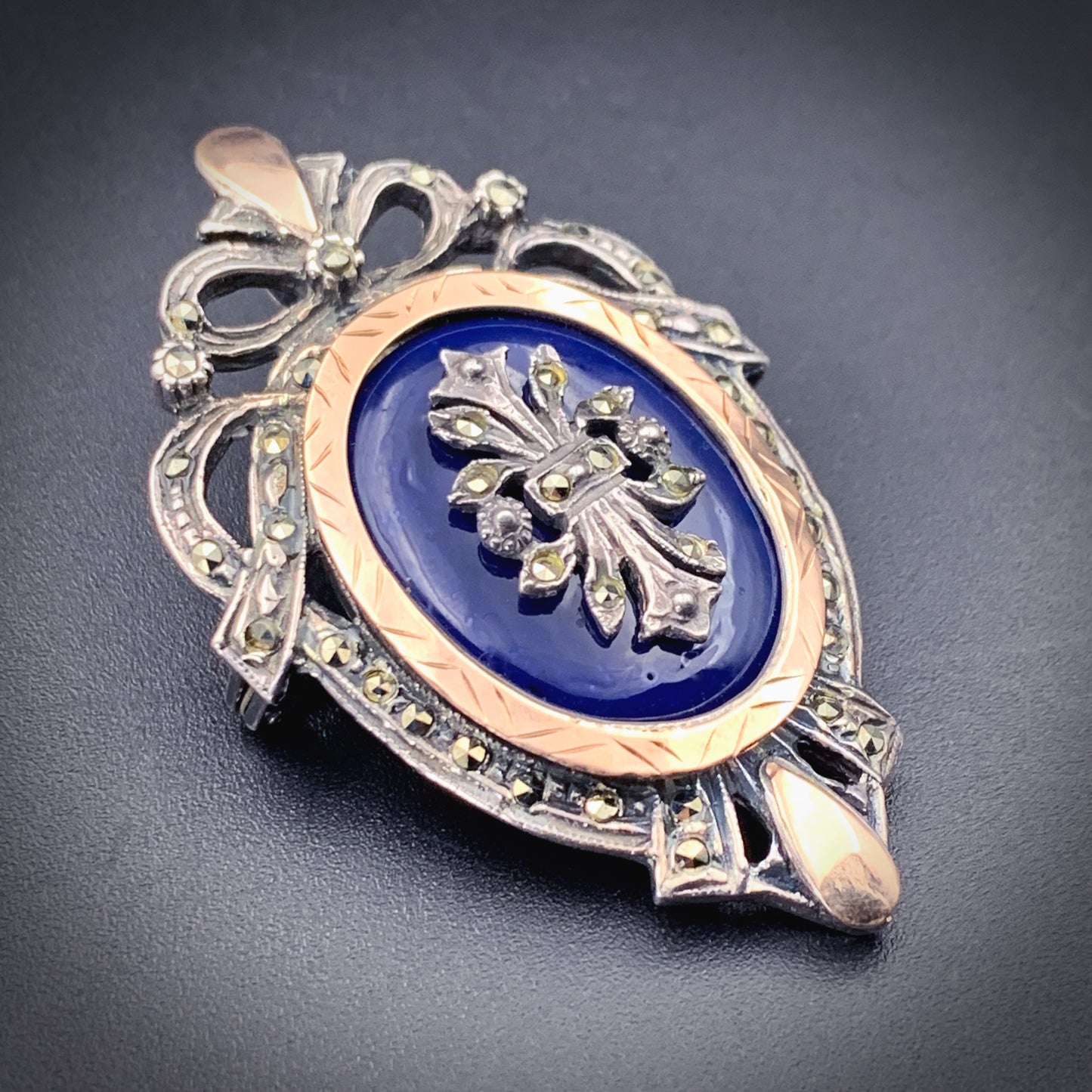 Antique 14K, Silver, Enamel & Marcasite Brooch