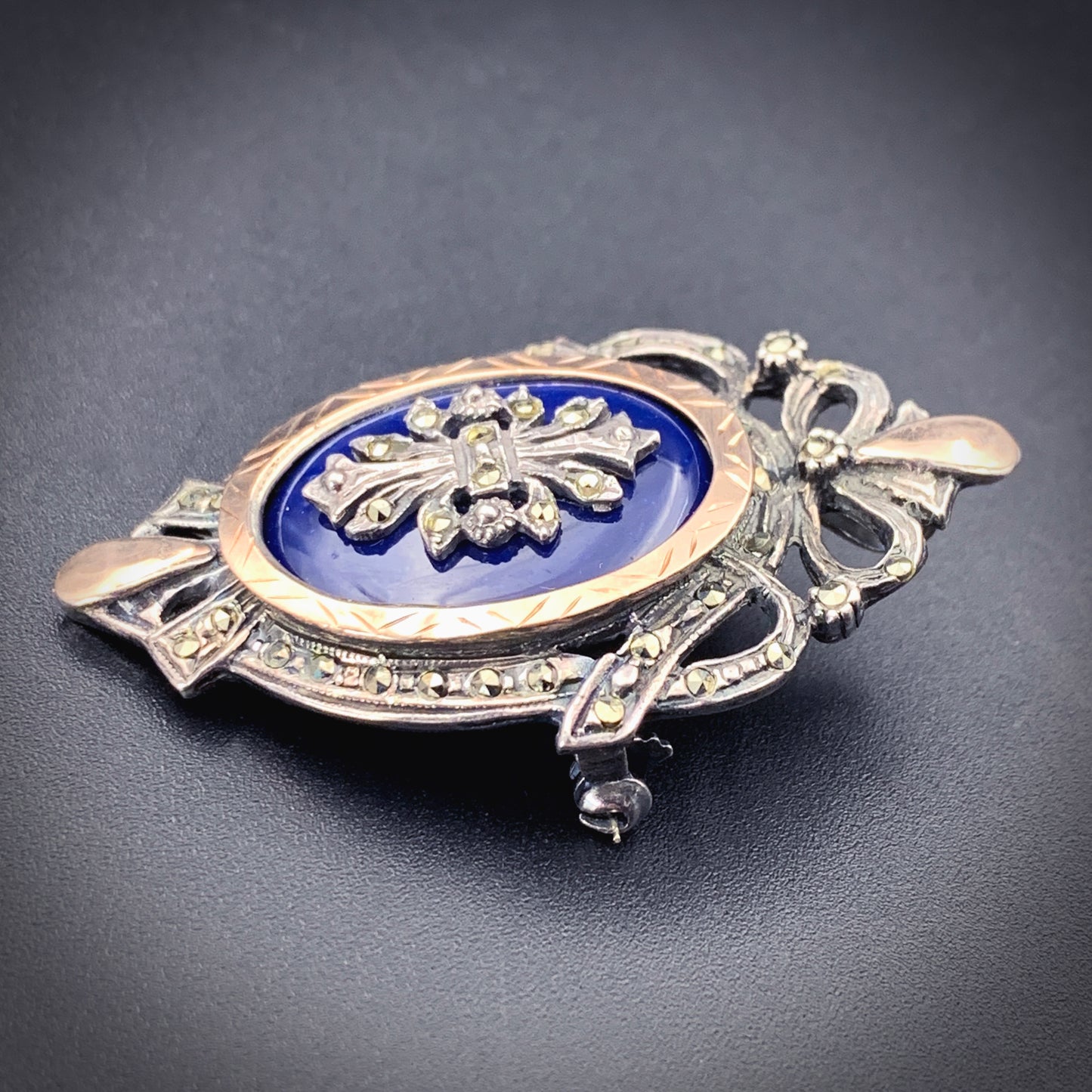 Antique 14K, Silver, Enamel & Marcasite Brooch