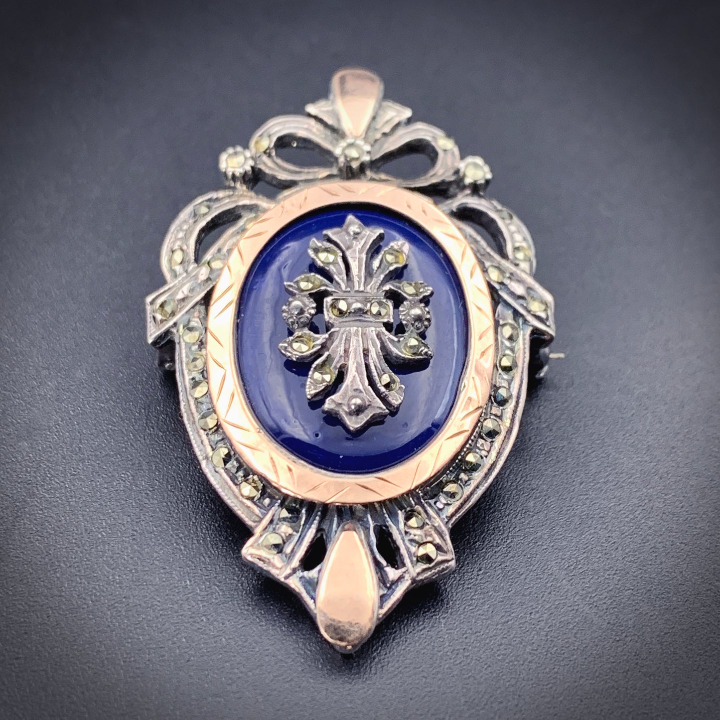 Antique 14K, Silver, Enamel & Marcasite Brooch